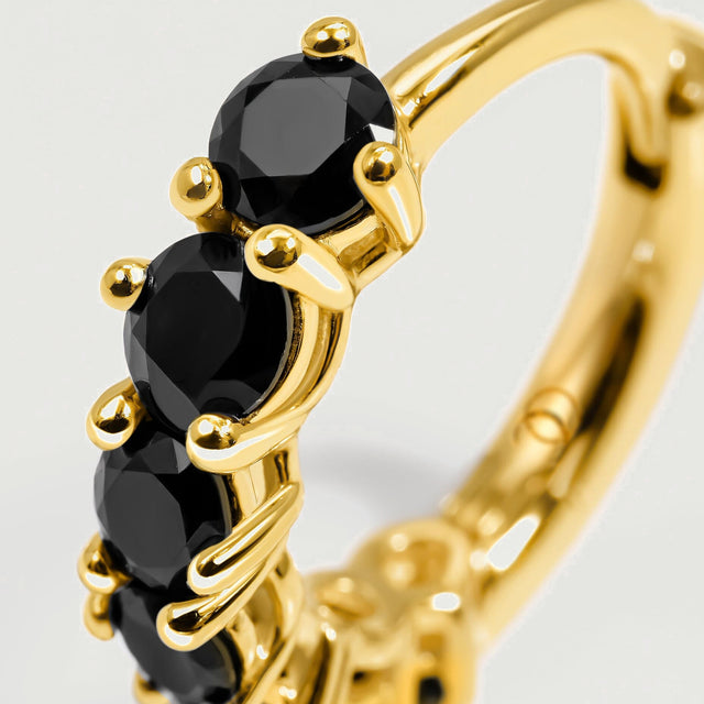 Round black gemstone facets and polished gold-colored claws fill the close-up view.