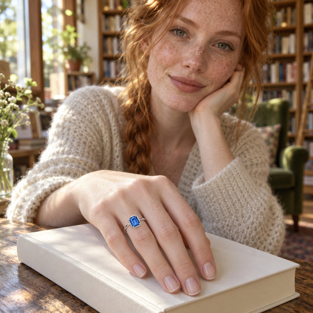 A woman with red hair wears a blue rectangular gemstone ring in silver while resting her hand on a closed book.