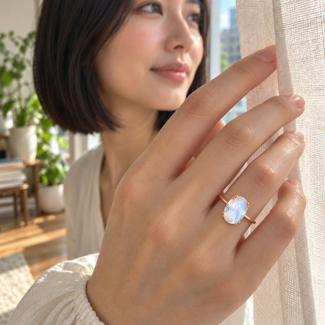 A rose gold moonstone ring catches window light as a hand touches a linen curtain.