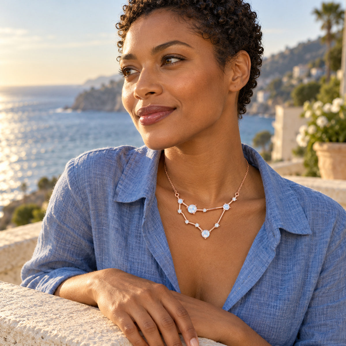 A woman in a blue open-neck shirt wears the rose gold necklace beside a sunlit sea view.