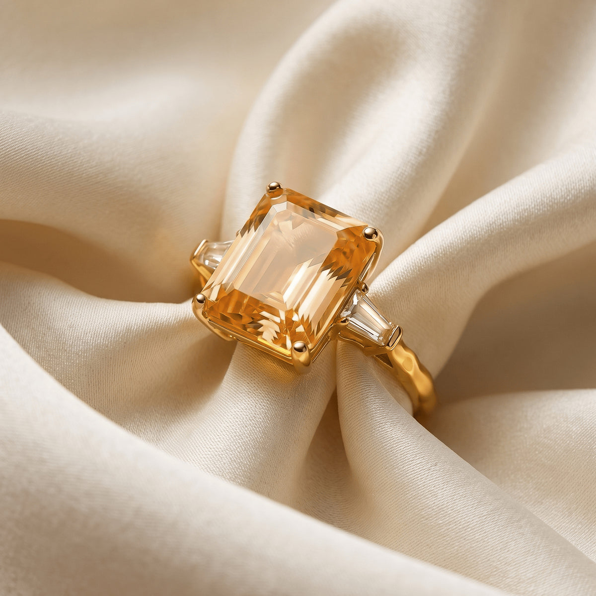 A yellow gold citrine ring rests diagonally between folds of cream satin.