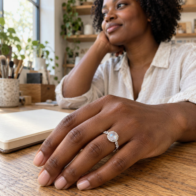 A white gold moonstone and diamond ring is worn on a hand resting on a wooden desk beside an open blank notebook.