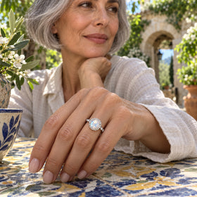 A yellow gold moonstone and diamond ring is worn on a hand above a patterned tile table in a leafy stone courtyard.