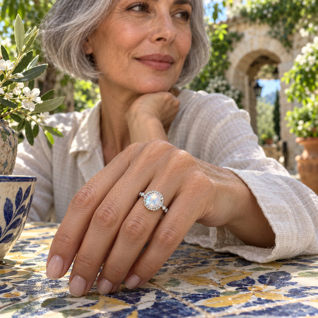 A yellow gold moonstone and diamond ring is worn on a hand above a patterned tile table in a leafy stone courtyard.