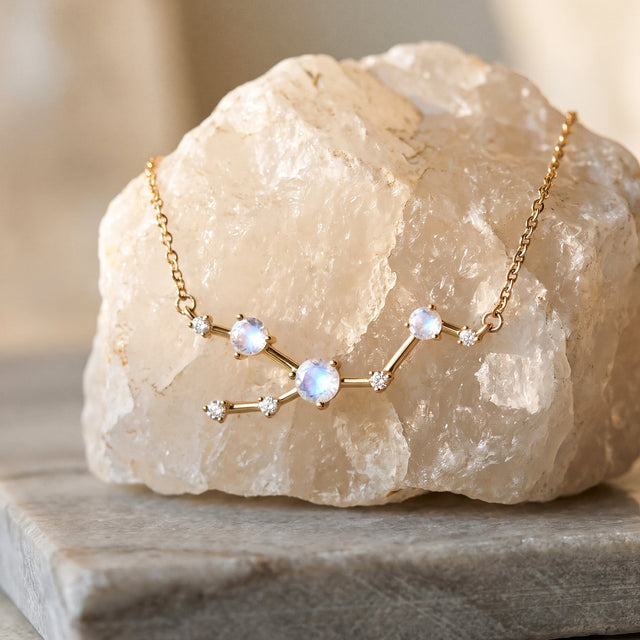 A yellow gold necklace is draped across a pale rough crystal resting on a stone tabletop.