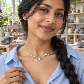 A woman with a dark braid wears the silver moonstone necklace above a blue shirt in a pottery studio.