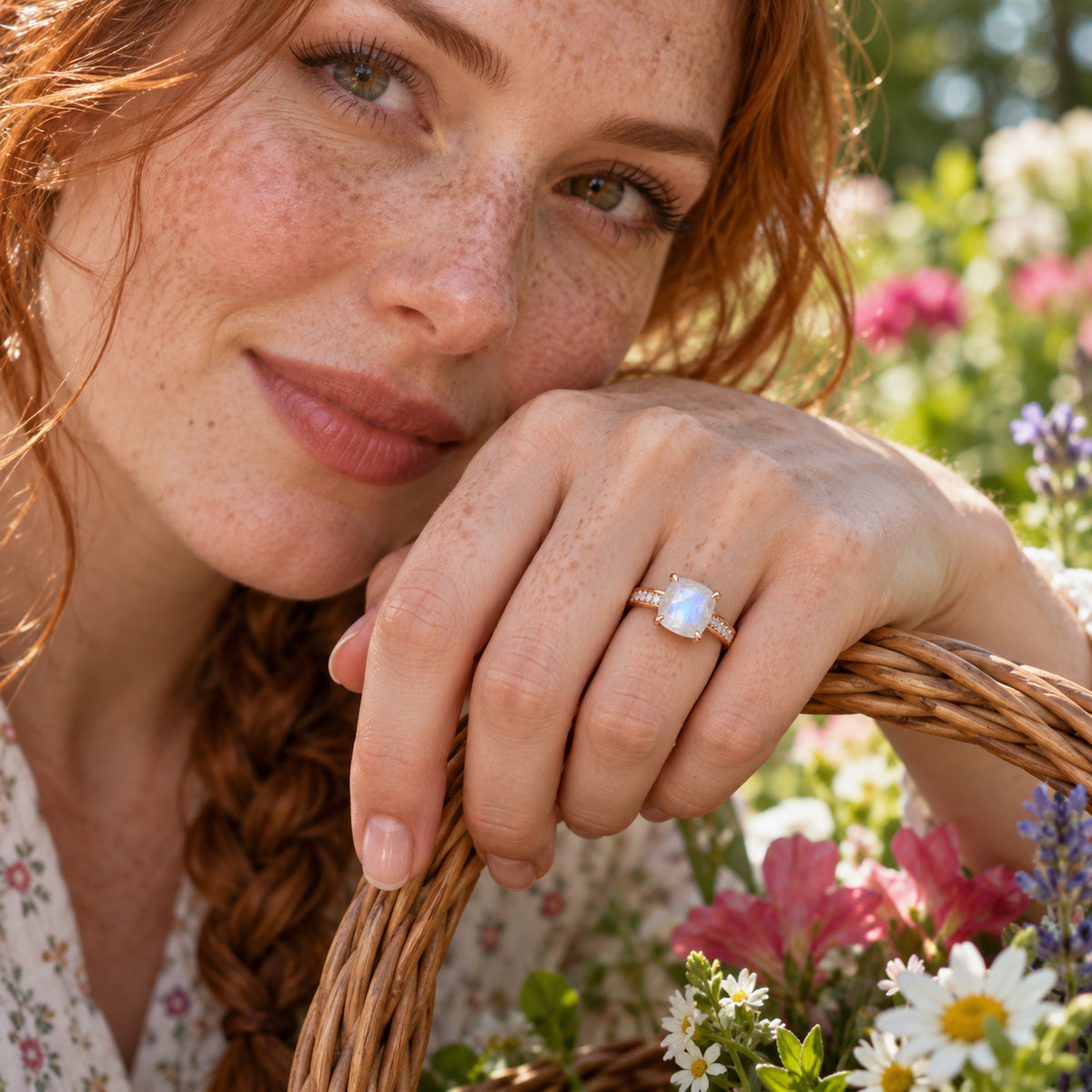 A freckled hand wearing the rose gold moonstone ring rests on a wicker basket among garden flowers.