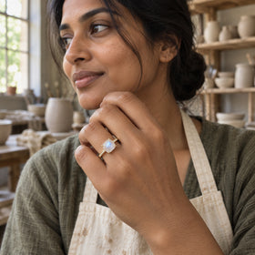 A woman wears the yellow gold moonstone ring on a raised hand in a ceramics workshop.