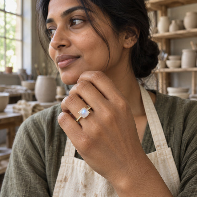 A woman wears the yellow gold moonstone ring on a raised hand in a ceramics workshop.