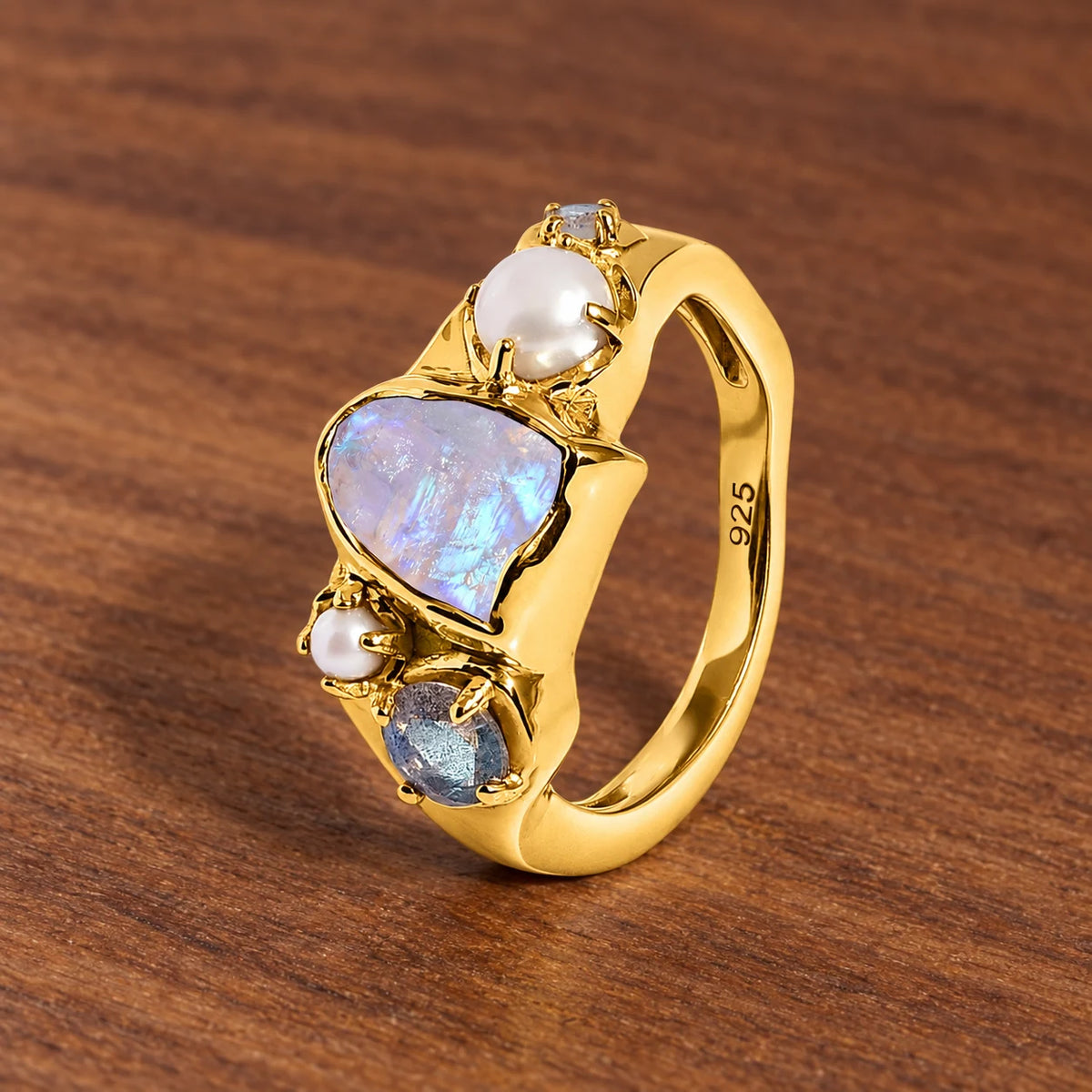 Tidal Bloom moonstone pearl cluster ring, yellow gold vermeil, side profile