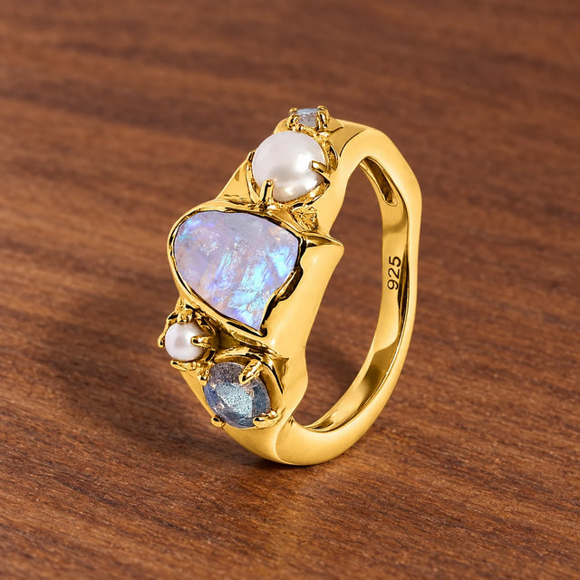 Tidal Bloom moonstone pearl cluster ring, yellow gold vermeil, side profile