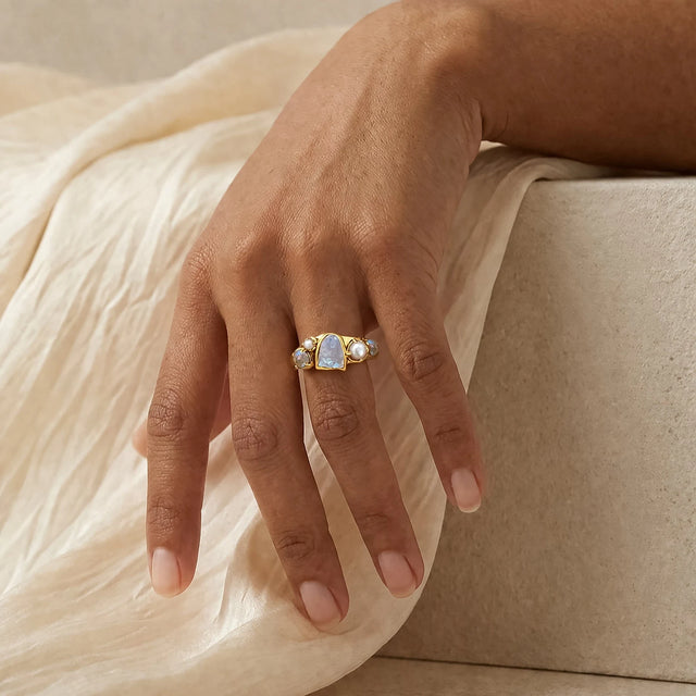 Tidal Bloom moonstone pearl cluster ring, yellow gold vermeil, shown on hand with linen