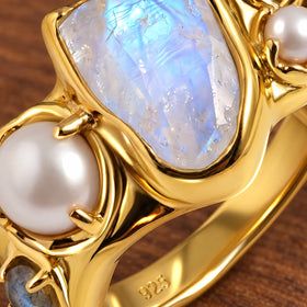 Tidal Bloom moonstone pearl cluster ring, yellow gold vermeil, stone and setting detail