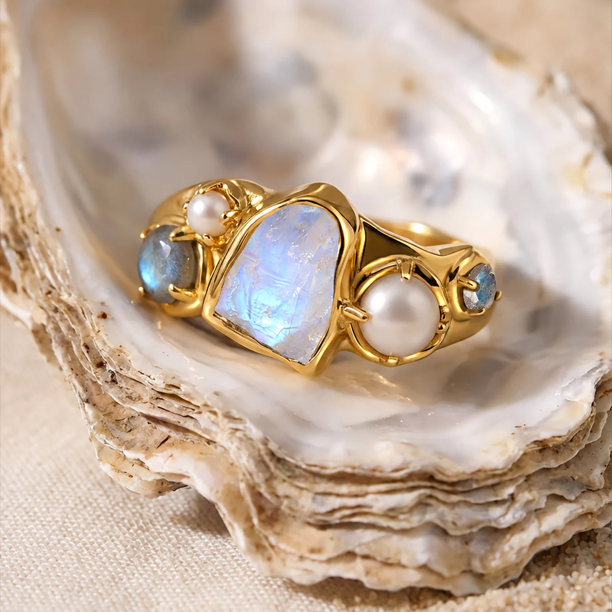 Tidal Bloom moonstone pearl cluster ring, yellow gold vermeil, shell setting, prop not included