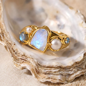 Tidal Bloom moonstone pearl cluster ring, yellow gold vermeil, shell setting, prop not included