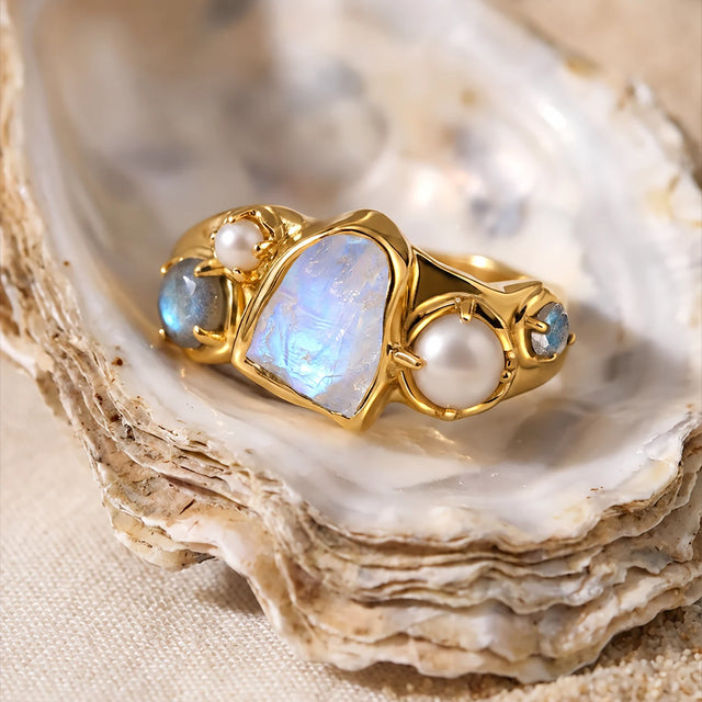 Tidal Bloom moonstone pearl cluster ring, yellow gold vermeil, shell setting, prop not included