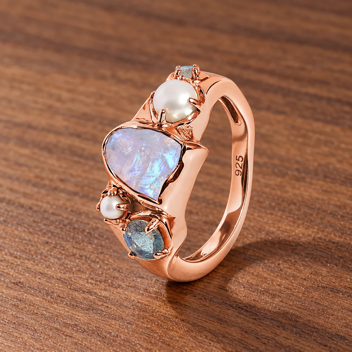 Tidal Bloom moonstone pearl cluster ring, rose gold vermeil, side profile