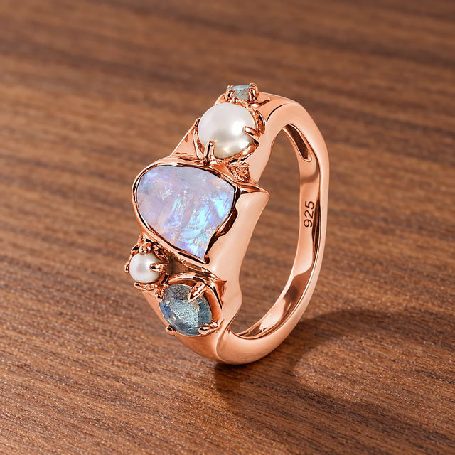 Tidal Bloom moonstone pearl cluster ring, rose gold vermeil, side profile