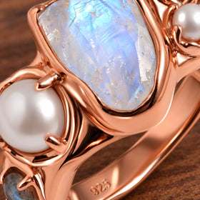 Tidal Bloom moonstone pearl cluster ring, rose gold vermeil, stone and setting detail