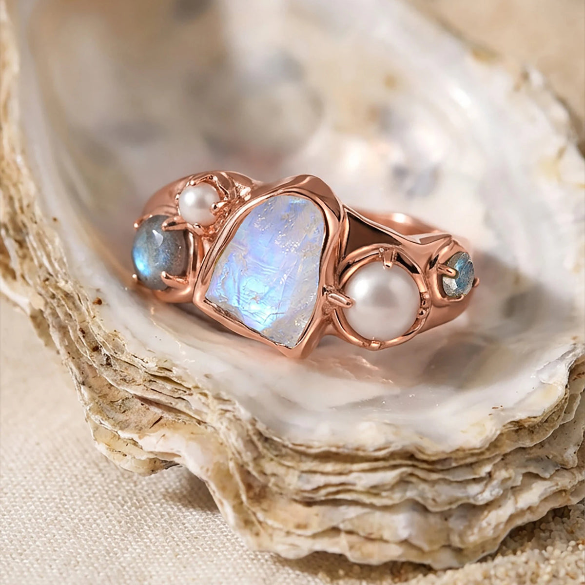 Tidal Bloom moonstone pearl cluster ring, rose gold vermeil, shell setting, prop not included