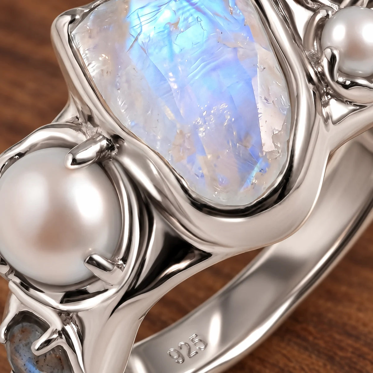 Tidal Bloom moonstone pearl cluster ring, sterling silver, stone and setting detail