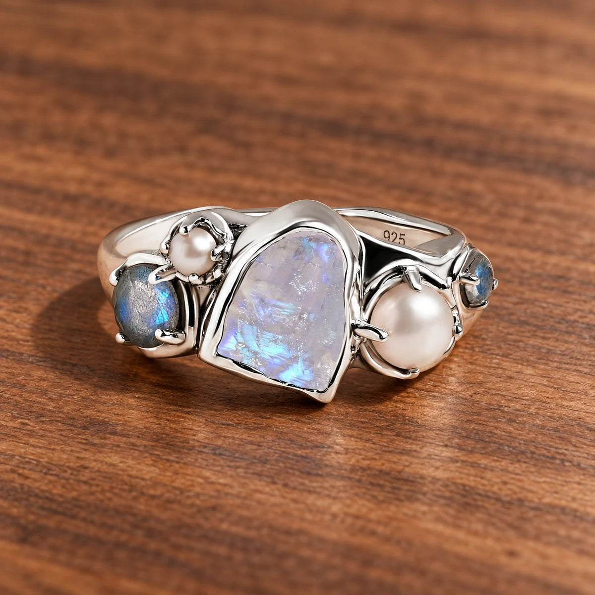 Tidal Bloom moonstone pearl cluster ring, sterling silver, complete ring