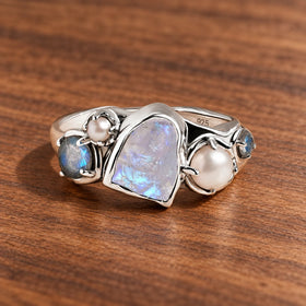 Tidal Bloom moonstone pearl cluster ring, sterling silver, complete ring