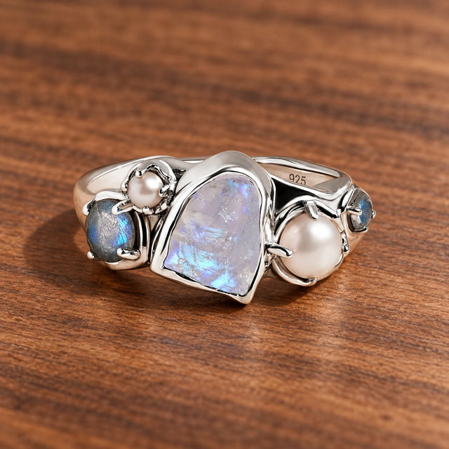 Tidal Bloom moonstone pearl cluster ring, sterling silver, complete ring