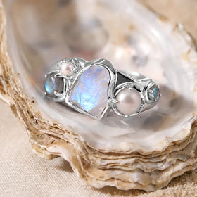 Tidal Bloom moonstone pearl cluster ring, sterling silver, shell setting, prop not included