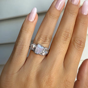 Tidal Bloom moonstone pearl cluster ring, sterling silver, close view on hand