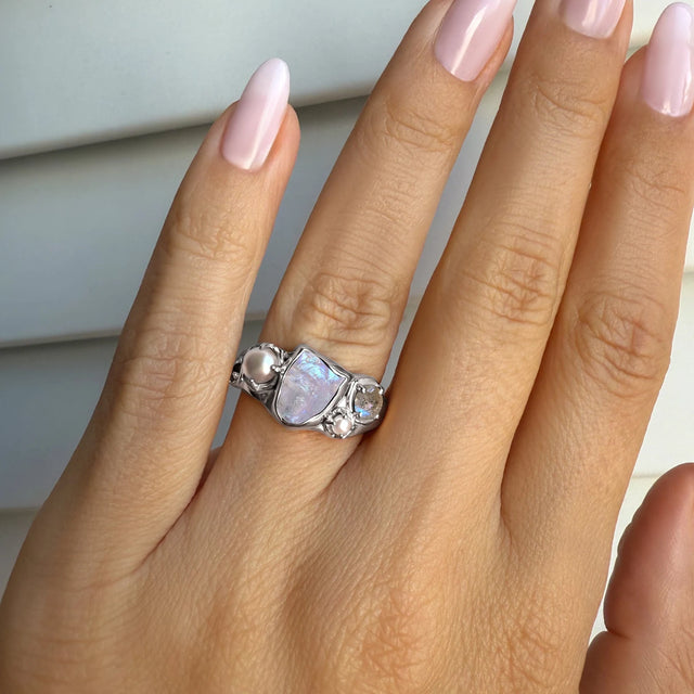 Tidal Bloom moonstone pearl cluster ring, sterling silver, close view on hand