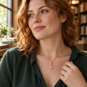 A red-haired woman wears the rose gold aquamarine necklace with a green blouse beside a bookstore window.