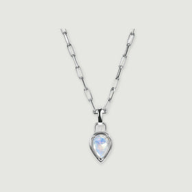 A silver-tone elongated-link necklace with a pear-shaped moonstone pendant is centered on light gray with a soft shadow.