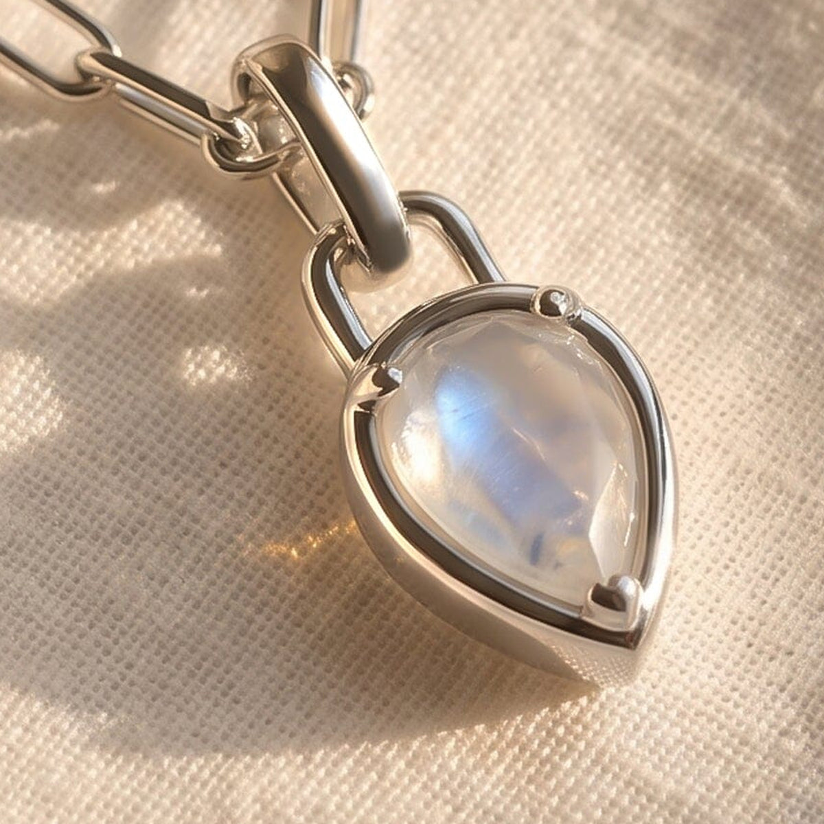 An angled close-up reveals the raised silver-tone rim around the pear-shaped moonstone on textured fabric.