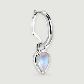 A single silver-tone hoop is shown at an angle with its pear-shaped moonstone pendant.