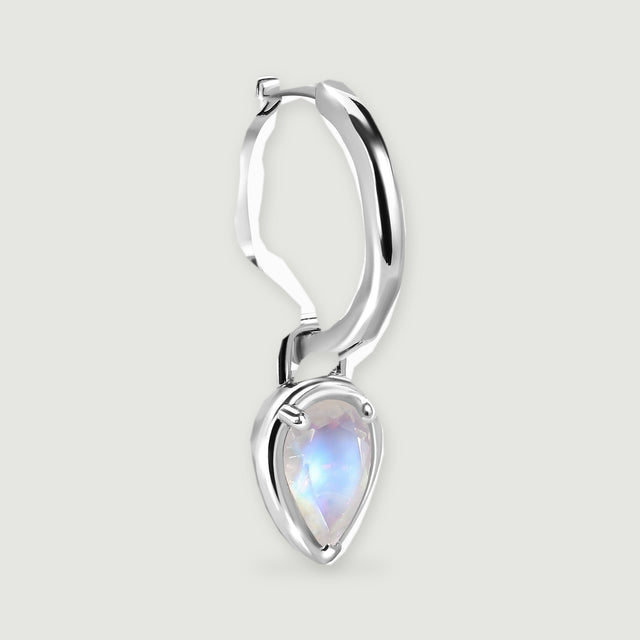 A single silver-tone hoop is shown at an angle with its pear-shaped moonstone pendant.
