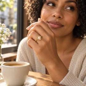 A woman with curly hair wears the yellow gold champagne quartz ring beside a ceramic coffee cup at a sunlit cafe window.