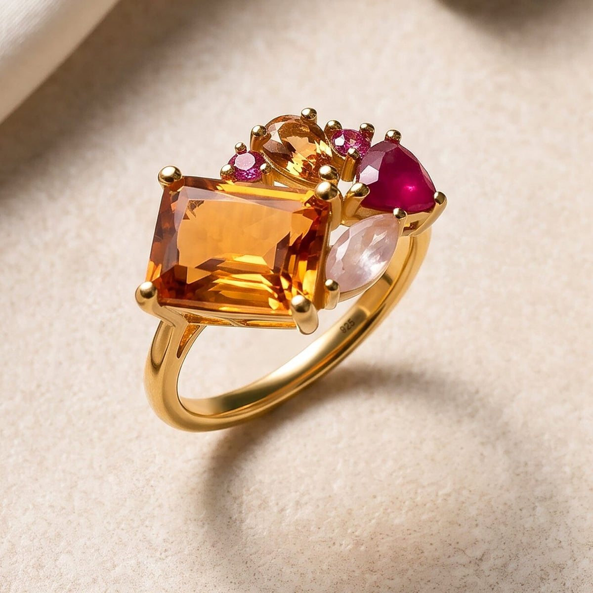 The orange and pink gemstone ring rests on a pale stone tabletop near softly folded cream fabric.