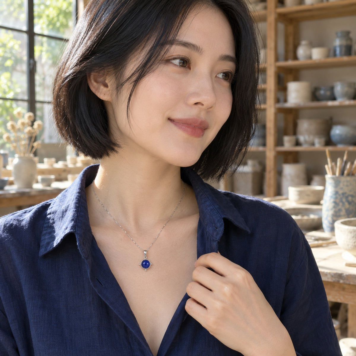 A woman with a short black bob wears a blue silver pendant with a navy shirt in a sunlit pottery workshop.