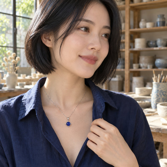 A woman with a short black bob wears a blue silver pendant with a navy shirt in a sunlit pottery workshop.