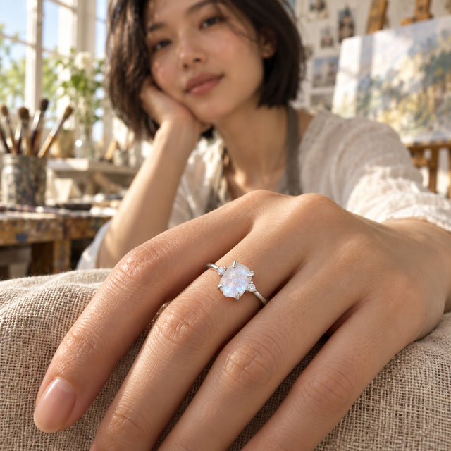 A white gold ring with a rough pale stone and two small diamond accents sits on a hand over beige linen.