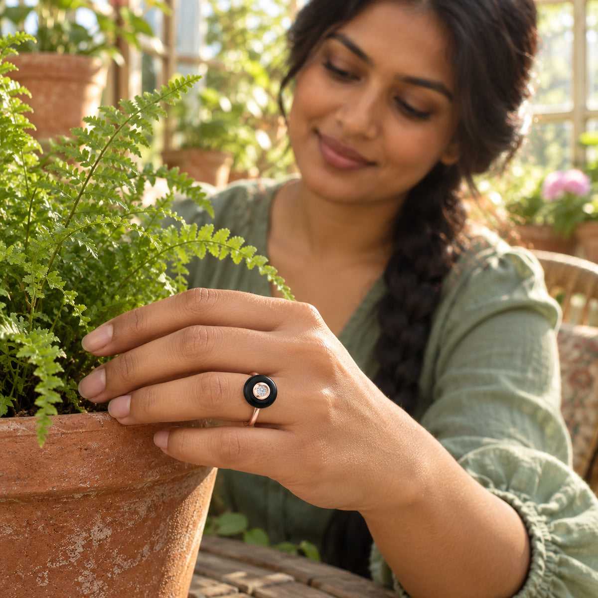 A rose gold ring with a glossy black circular stone is shown on a hand resting against a terracotta planter beside a fern.