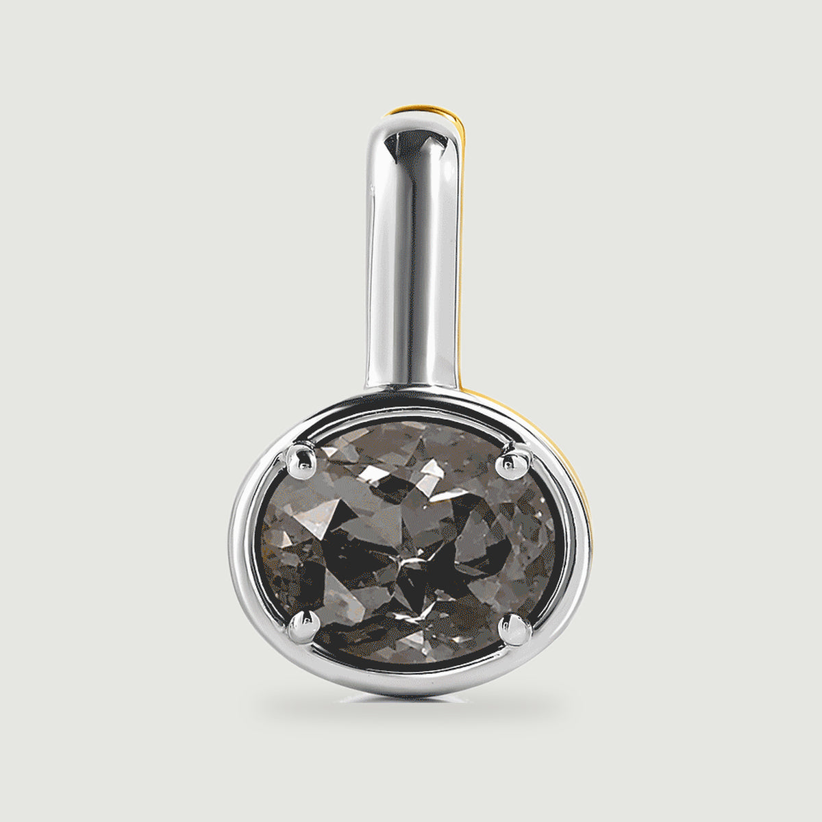 A silver-colored hoop earring displays a dark gray oval gemstone held by four rounded prongs.