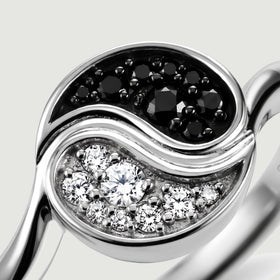Polished silver borders surround the dark and bright stone sections in a detailed close-up.