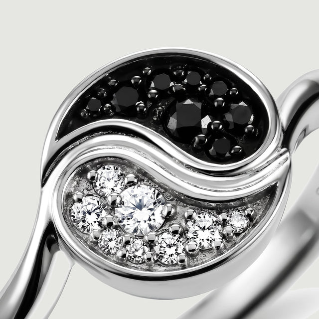 Polished silver borders surround the dark and bright stone sections in a detailed close-up.