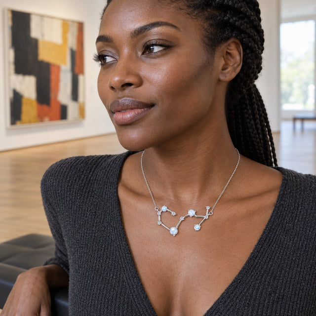 A silver constellation necklace rests above a dark knit neckline on a woman beside a coastal walkway.