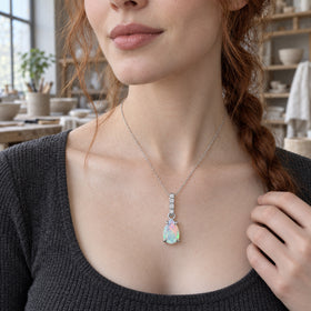 A silver opal pendant rests above a charcoal neckline as a woman with an auburn braid stands in a ceramics workshop.