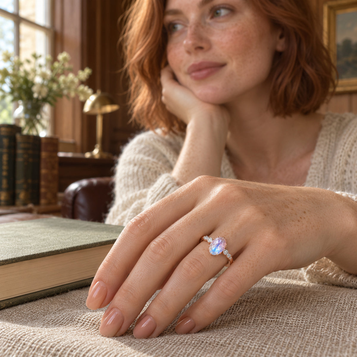 A rose gold moonstone ring is worn on a freckled hand resting on linen beside a closed book.