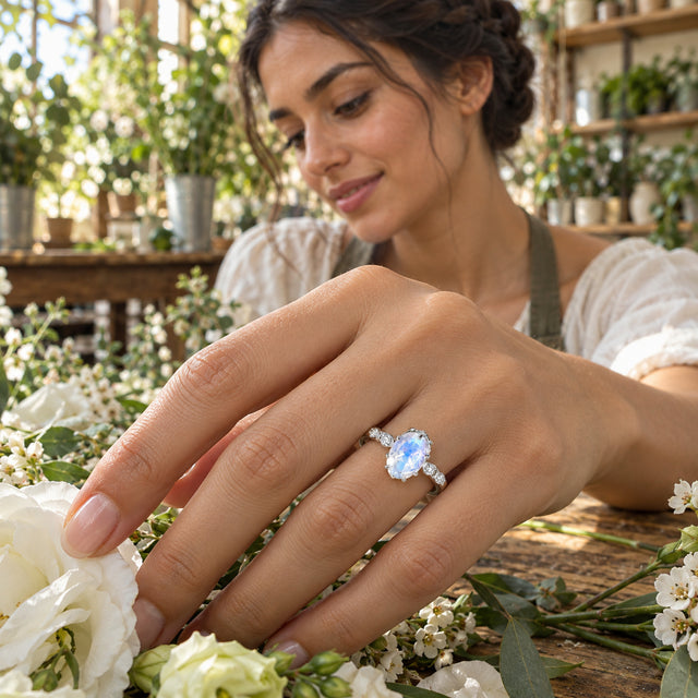 A white gold moonstone ring is worn on a hand reaching over white flowers on a wooden worktable.