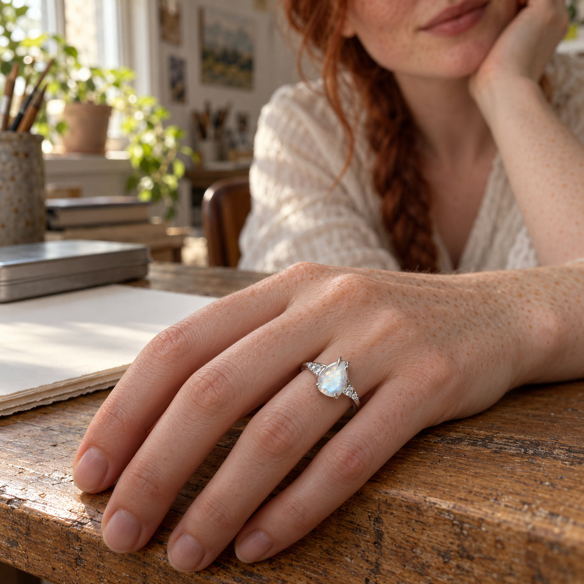 A freckled hand wears a white gold moonstone ring beside blank paper on a wooden desk.